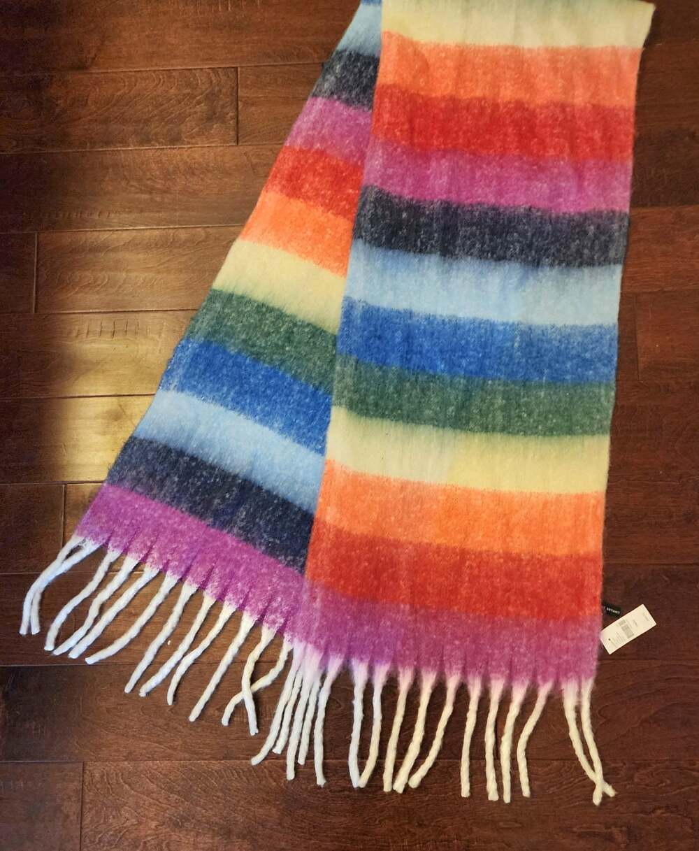 Lane Bryant NWT Rainbow Striped Scarf Oversized Fuzzy Knit Fringe Wrap Scarf NEW